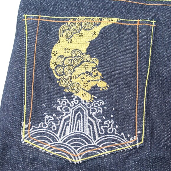The Year Of Jeans Mens Sz 34 Raw Denim Japan Selvedge Button Fly Embroidered - Picture 8 of 16